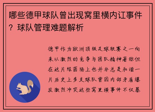 哪些德甲球队曾出现窝里横内讧事件？球队管理难题解析