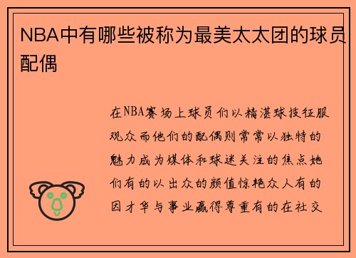 NBA中有哪些被称为最美太太团的球员配偶